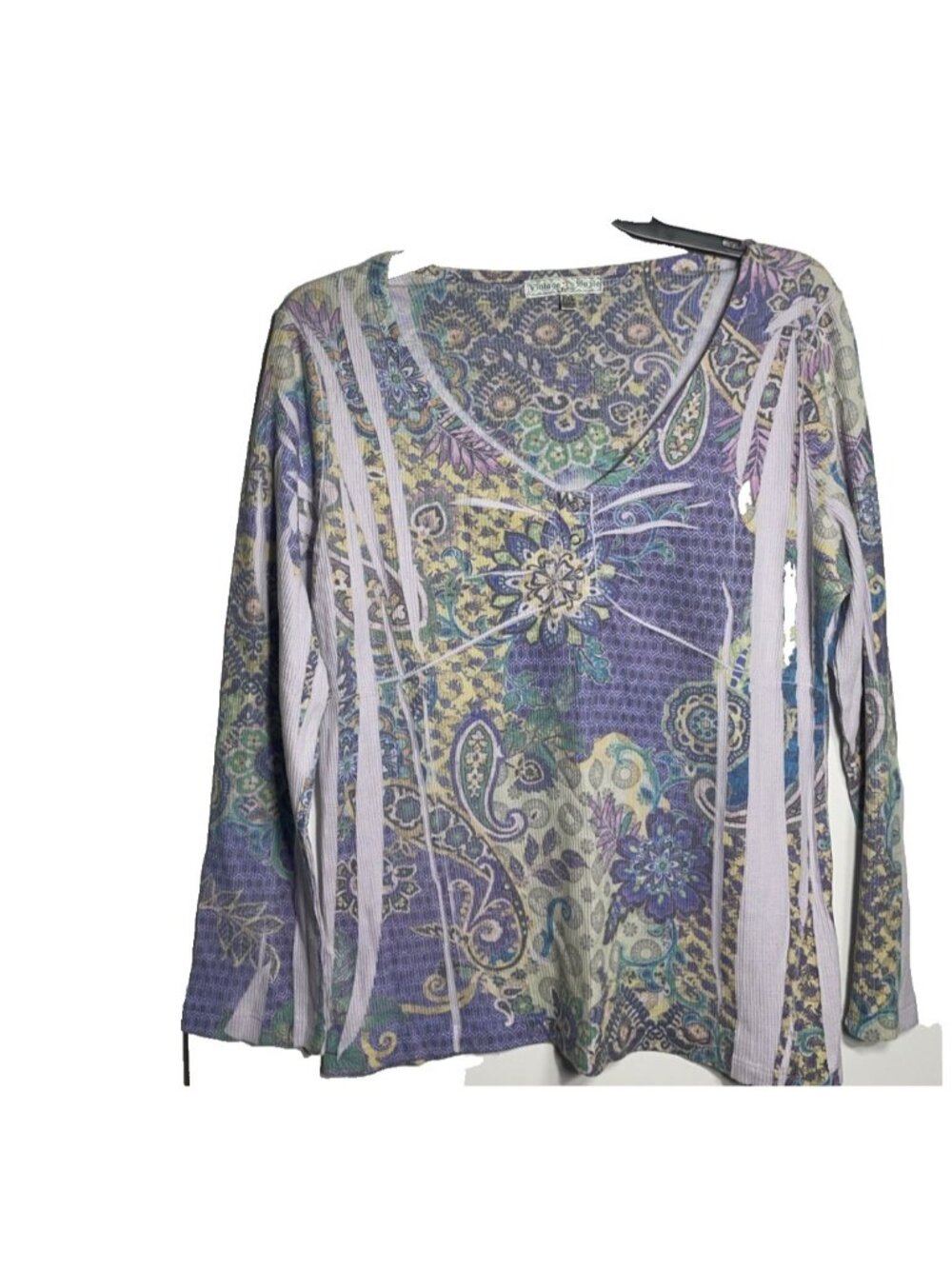 Vintage Suzie Pairs Thermal Top multicolor v-neckline Long Sleeve Size PXL
